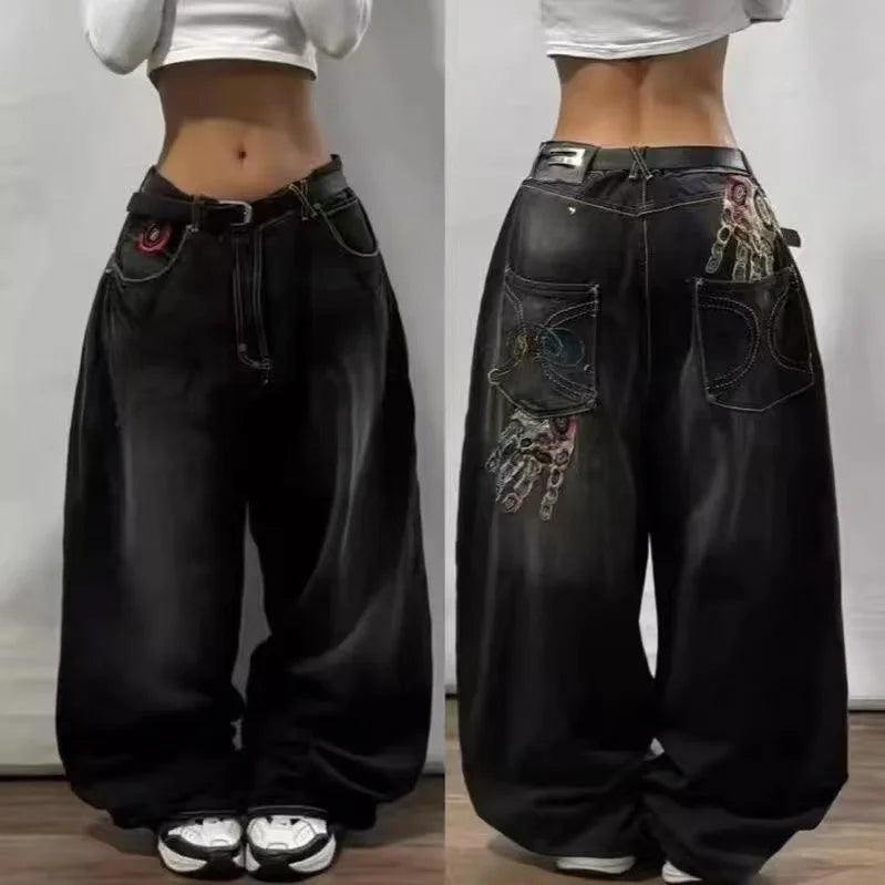 vintage 2000S American Hip-hop Punk Rock Fashion Versatile Jeans Men Harajuku Y2K Casual Gothic Straight Wide-leg Pants Women