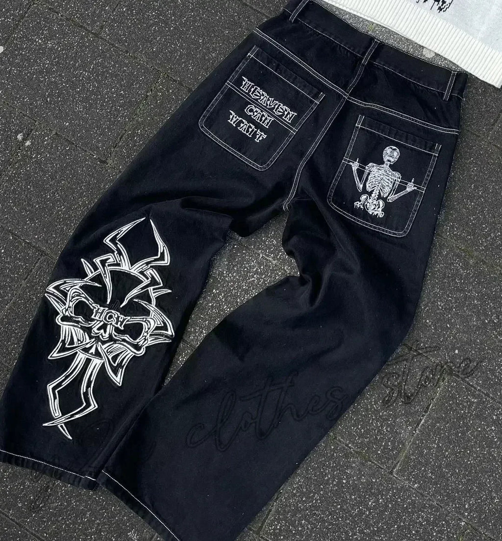 American Street Trend Letter Embroidered Loose Jeans Men Harajuku Y2K New Hip Hop Oversized Wide-leg Pants Unisex Mopping Jeans