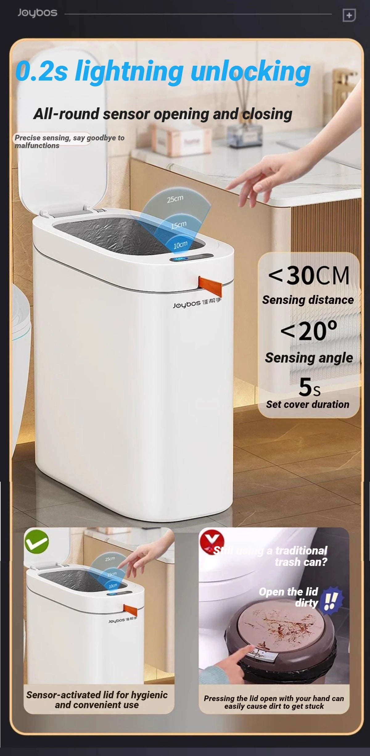 Bathroom Trash Can Hands-Free Automatic Bagging JOYBOS Smart Garbage Bin House With Lid Drawstring Bags Bathroom Toilet Office