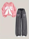 Girls' pink bow-patterned hoodie + black bow-stitched denim straight-leg pants set. Suitable for all seasons.