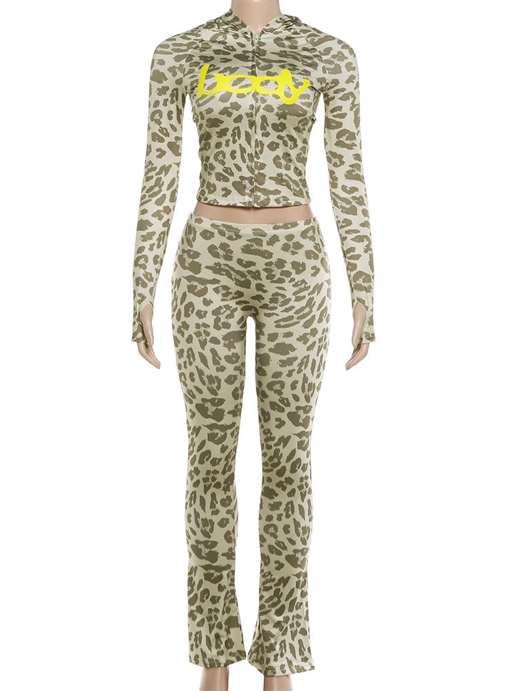 Weird Puss Letter Leopard Print 2 Piece Set Women Casual Zip Hooded Crop Jacke+Leggings Matching Stretch Sporty Street Outfits