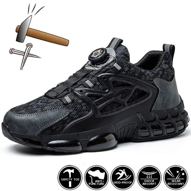 Safety Shoes For Men Steel Toe Anti-Puncture Men's Work Shoes Slip Resistant Reinforced Sole Rotating Button Fashion Sneaker