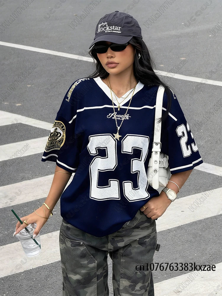 2026 Summer New Retro No.23 Printed T-Shirt For Women V-Neck Short Sleeve Sports Football Jersey Y2K Loose Oversized Tops