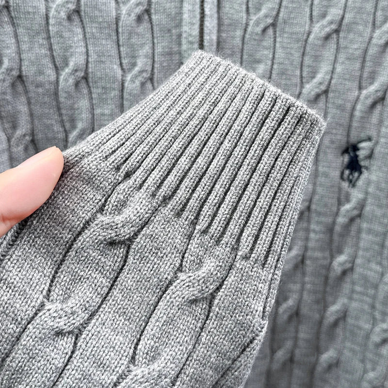 Heshi Brand Fashion American 2025 Vintage Stand Collar Zipper Embroidery Sweater Fried Dough Twists 3D Autumn Winter Knitwear