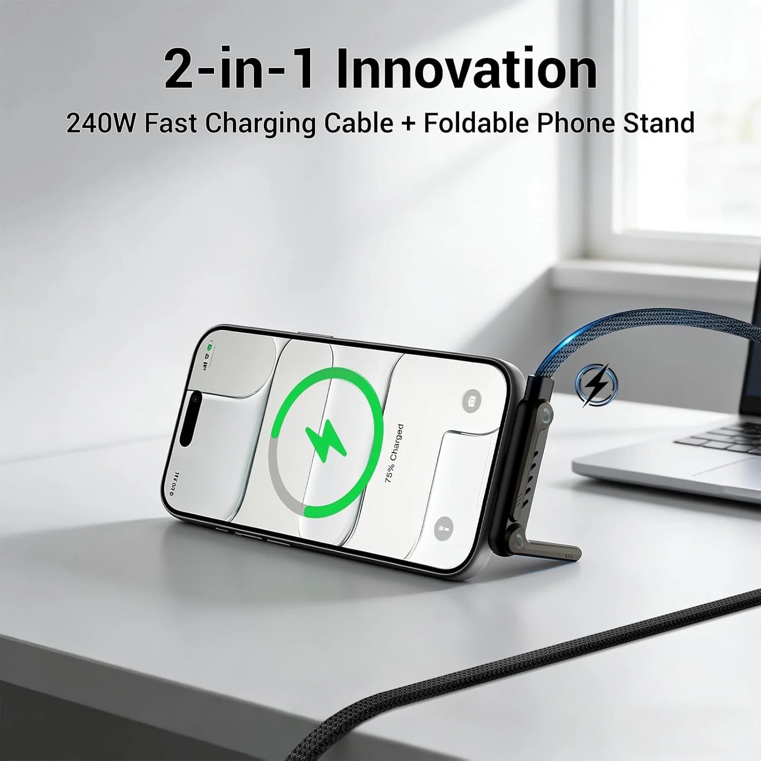 240W 2-in-1 Type-C Fast Charging Cable Invisible Adjustable Stand Charger Cord for Phones Tablets Laptops Gaming Devices
