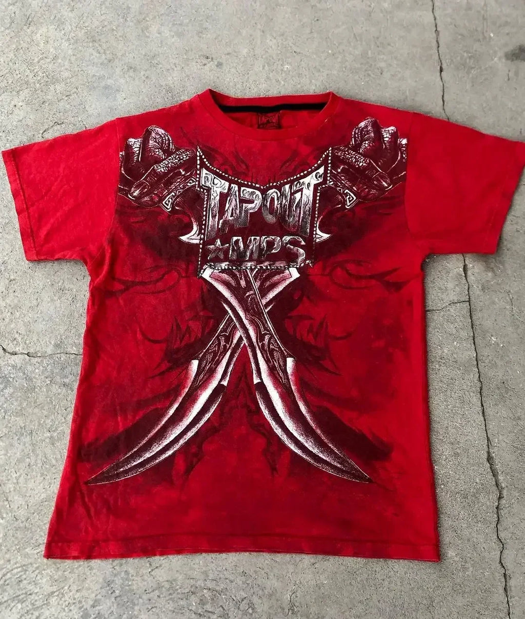 TAPOUT New Y2K Red  Printing  T shirt Men  Hip Hop Round Neck Oversized Long Sleeved Casual Gothic Clothing Tops Streetwear