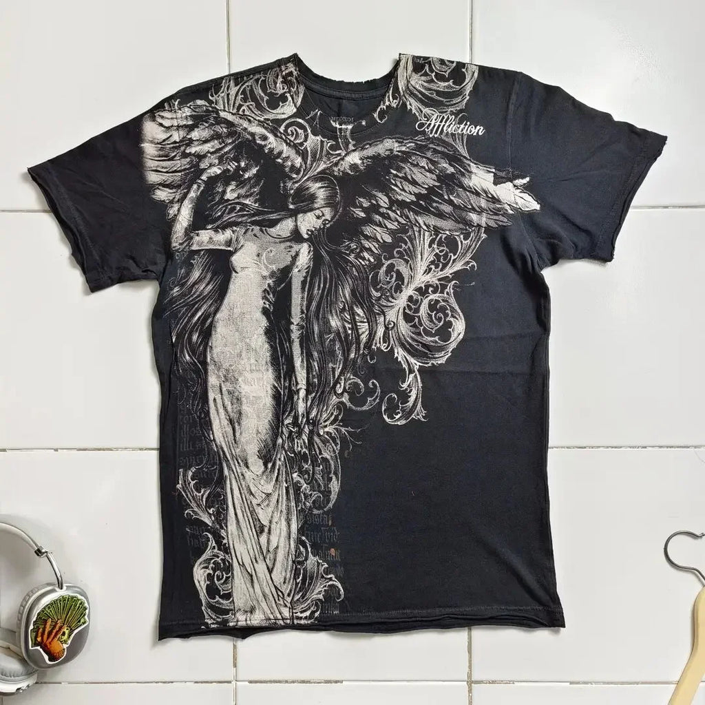 2000s Affliction Graphic T-Shirt Women's Large Grunge Wings New Fashion Style Couple Tops Pure Cotton Street Boxing Shirt