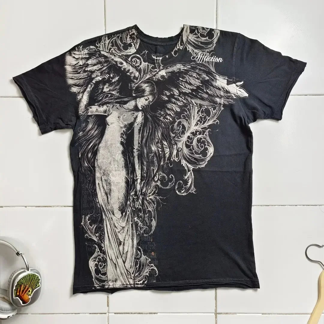 2000s Affliction Graphic T-Shirt Women's Large Grunge Wings New Fashion Style Couple Tops Pure Cotton Street Boxing Shirt