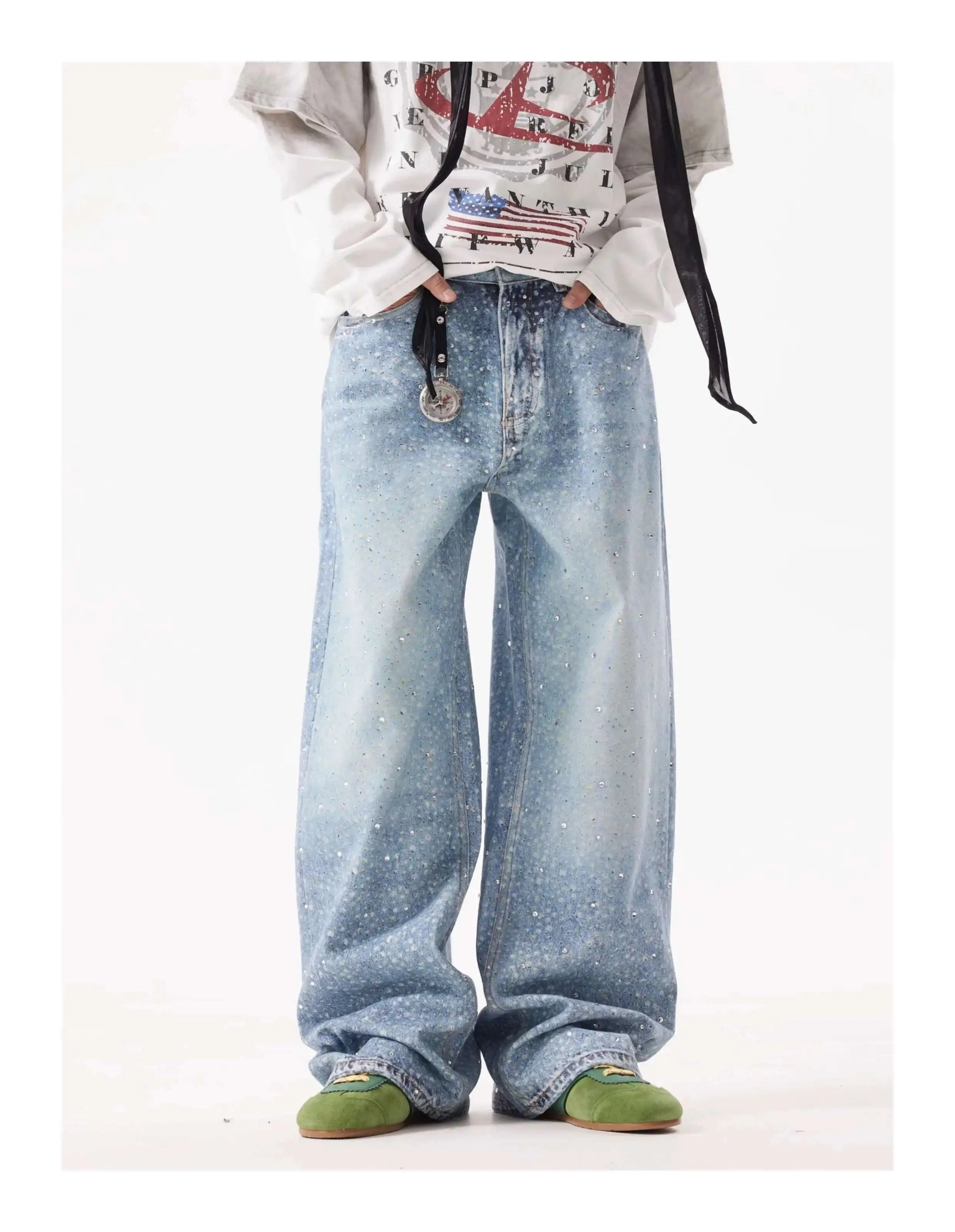 PFNW American Rhinestone Printed Design Vintage Jeans Men's Streetwear Hip Hop Mens Clothing Loose Wide Leg Pants Trendy 28W4644