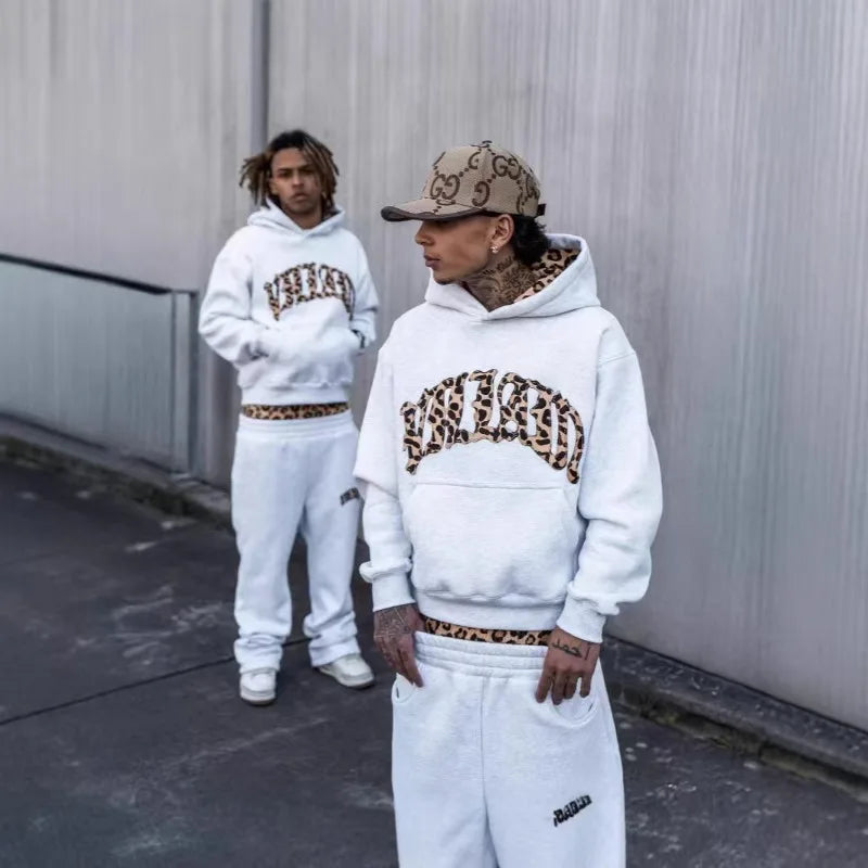 High street fashion leopard print letter embroidered men sportswear suit Y2K American casual retro hoodie trend loose clothing