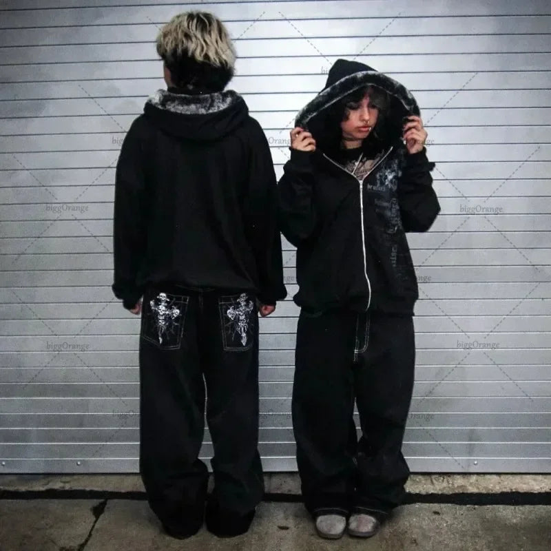 vintage 2000S American Hip-hop Punk Rock Fashion Versatile Jeans Men Harajuku Y2K Casual Gothic Straight Wide-leg Pants Women