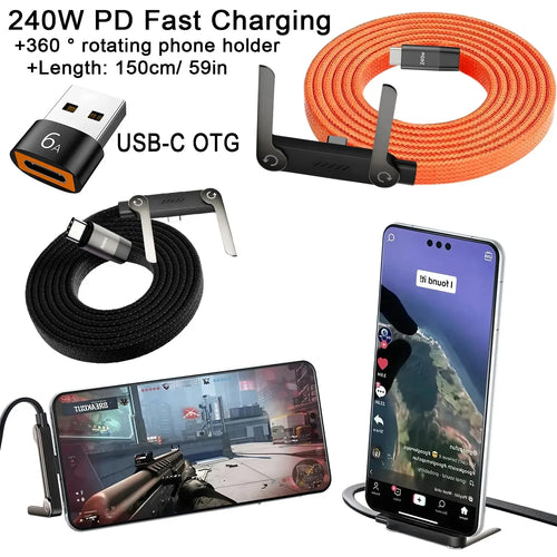 240W 2-in-1 Type-C Fast Charging Cable Invisible Adjustable Stand Charger Cord for Phones Tablets Laptops Gaming Devices