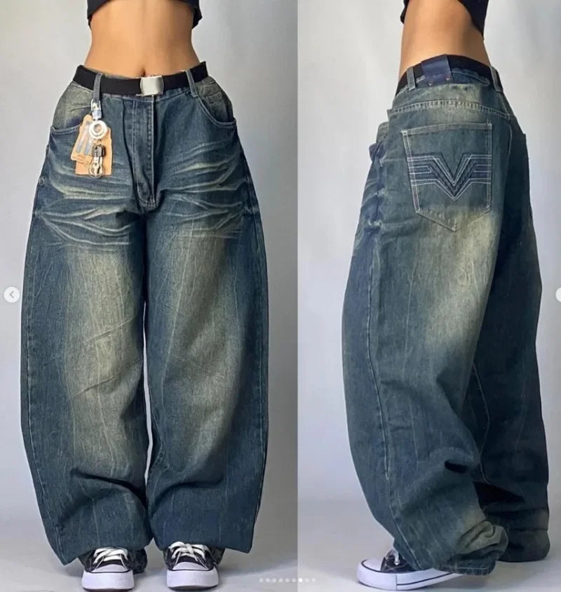 vintage 2000S American Hip-hop Punk Rock Fashion Versatile Jeans Men Harajuku Y2K Casual Gothic Straight Wide-leg Pants Women