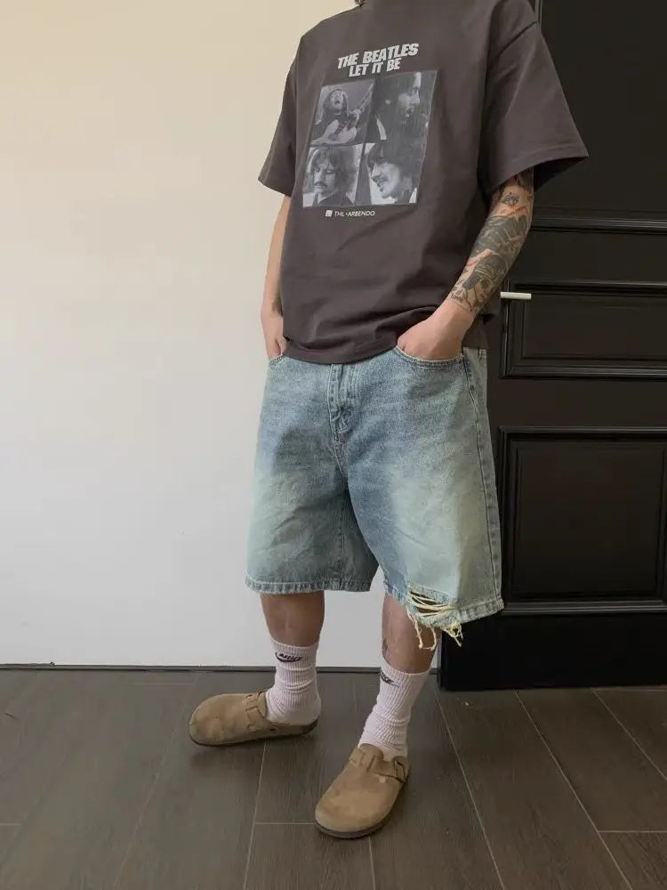Men's Distressed Design Hole Cropped Pants Summer Cool Boys Shorts Wide Leg Casual Bottom Male High Waist Half Trousers