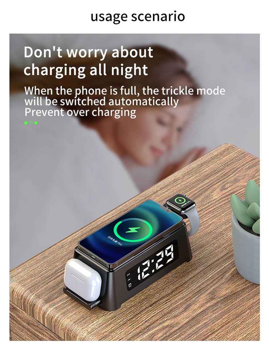 4 in 1 Wireless Charger Dock For iPhone 16 15 14Pro Apple Watch S9 8 7 15W Fast Charging Station Desktop LED Digital Alarm Clock