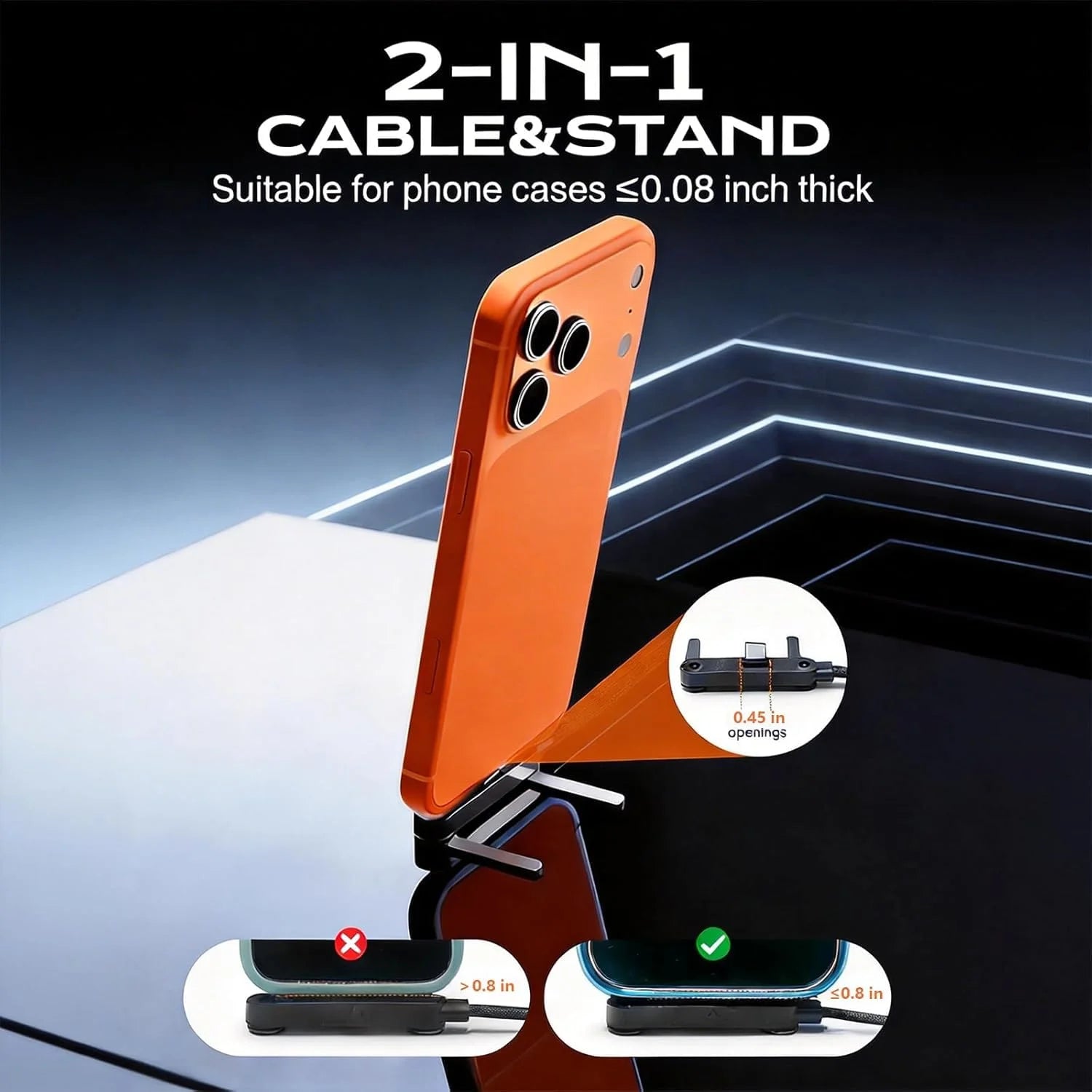 240W 2-in-1 Type-C Fast Charging Cable Invisible Adjustable Stand Charger Cord for Phones Tablets Laptops Gaming Devices
