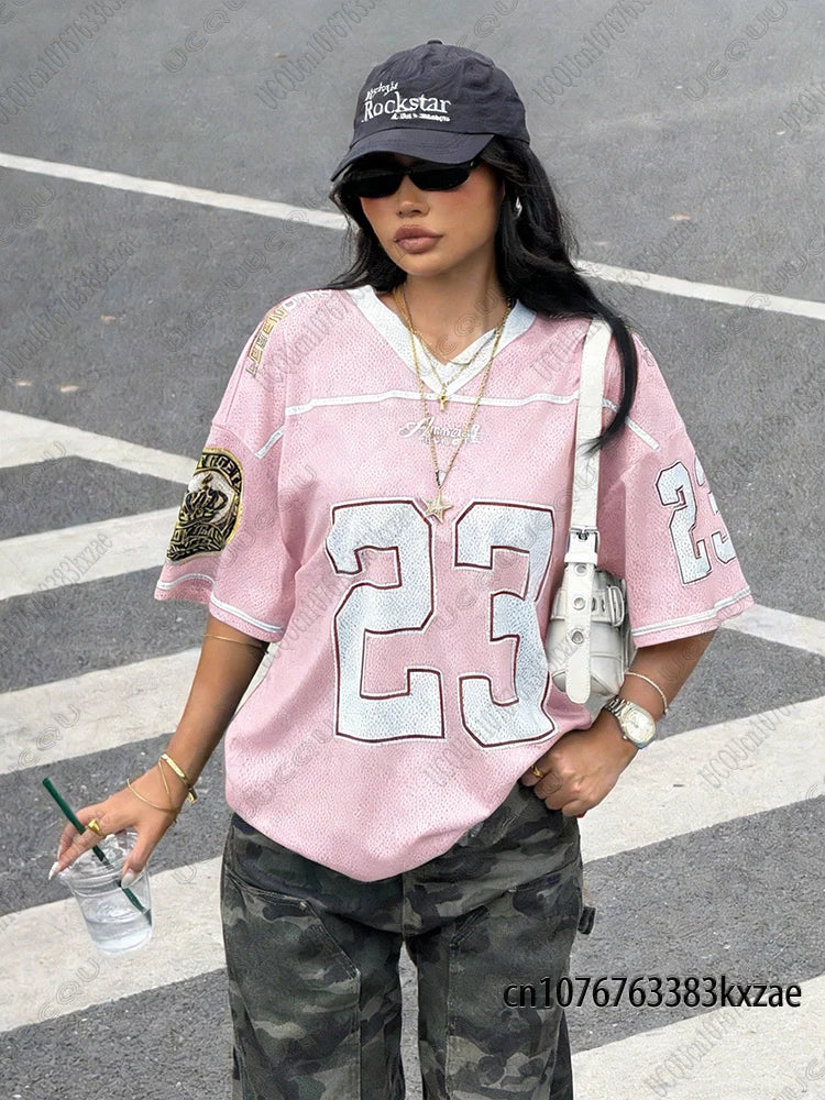 2026 Summer New Retro No.23 Printed T-Shirt For Women V-Neck Short Sleeve Sports Football Jersey Y2K Loose Oversized Tops