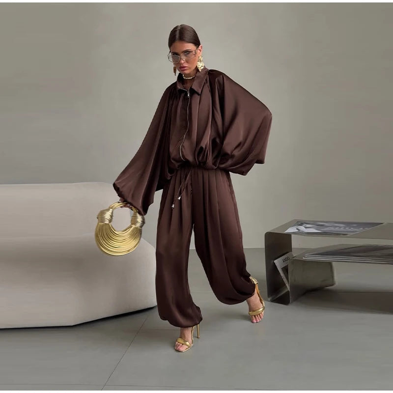 Casual Loose Pleated Shirt Pants Suit Women Solid Full Lantern Sleeve Zipper Shirts Wide Leg Trousers 2026 Fashion Street Set