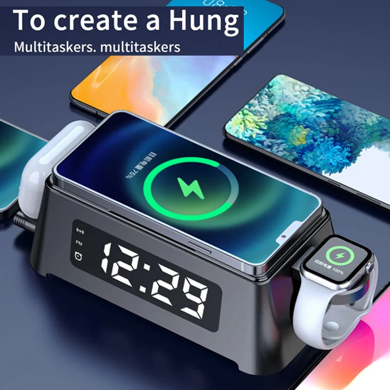4 in 1 Wireless Charger Dock For iPhone 16 15 14Pro Apple Watch S9 8 7 15W Fast Charging Station Desktop LED Digital Alarm Clock