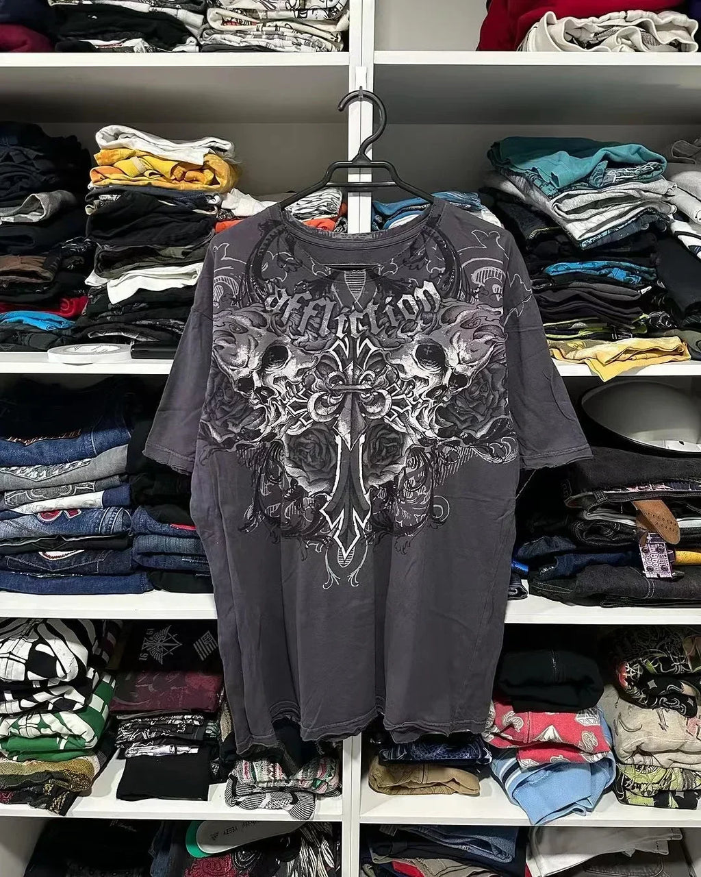 2000s Affliction Graphic T-Shirt Women's Large Grunge Wings New Fashion Style Couple Tops Pure Cotton Street Boxing Shirt