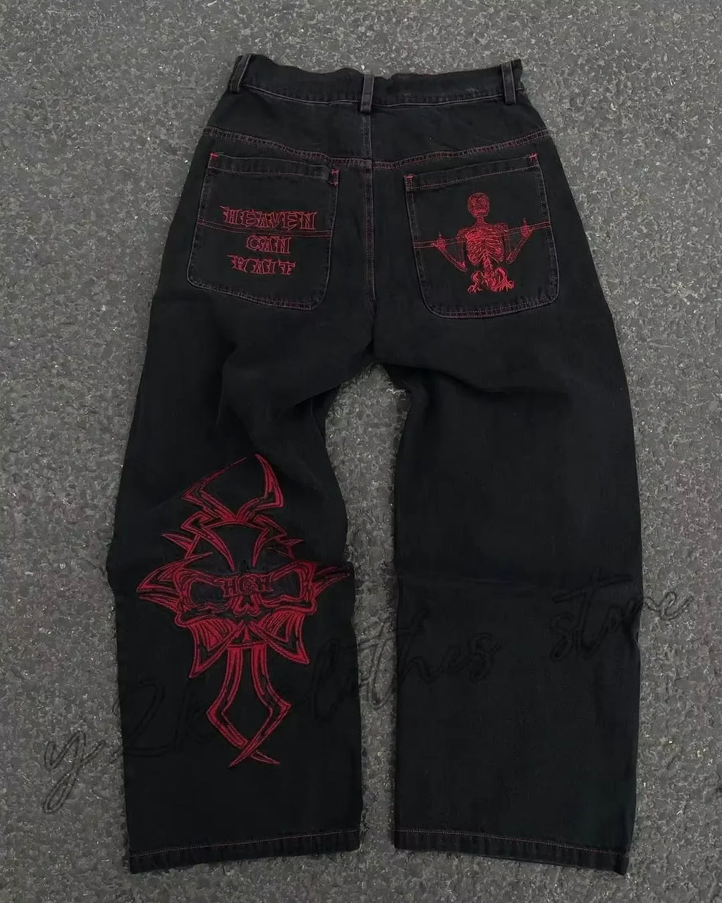 Fashion trend skull pattern embroidered loose jeans men's street Y2K new hip-hop wide leg pants men's unisex jeans
