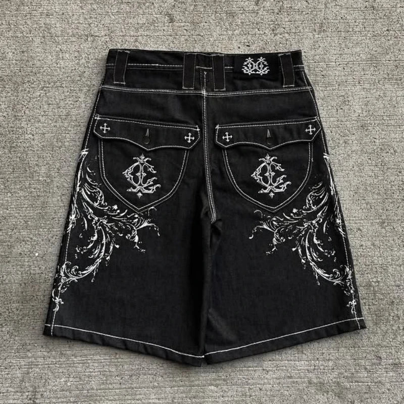 Y2K Vintage Denim Shorts New Popular Pocket Embroidery Pattern Vulturi Jorts Harajuku Trendy Gothic Punk Men Women Baggy Pants