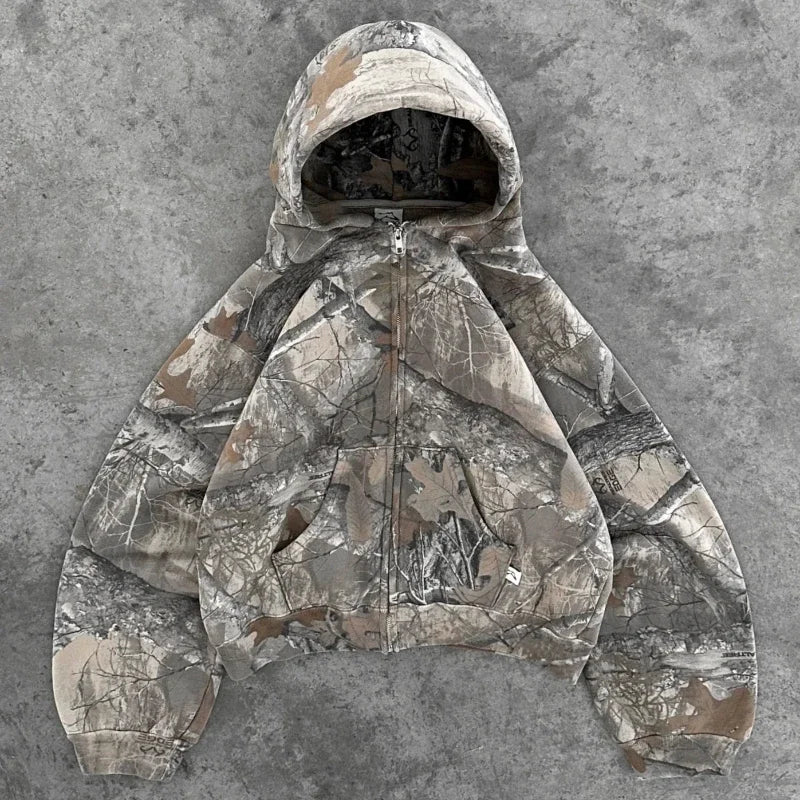 Y2K Retro Zip Up Hoodie Men Camouflage Pattern Zipper Sweatshirt High Street Hip Hop Streetwear Oversized Unisex Camo Hoodie