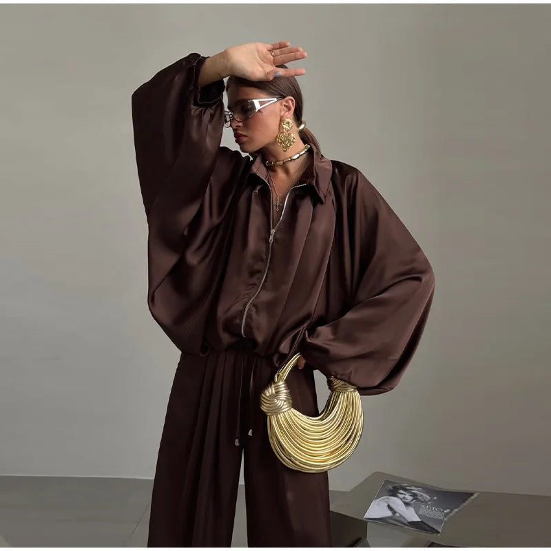 Casual Loose Pleated Shirt Pants Suit Women Solid Full Lantern Sleeve Zipper Shirts Wide Leg Trousers 2026 Fashion Street Set