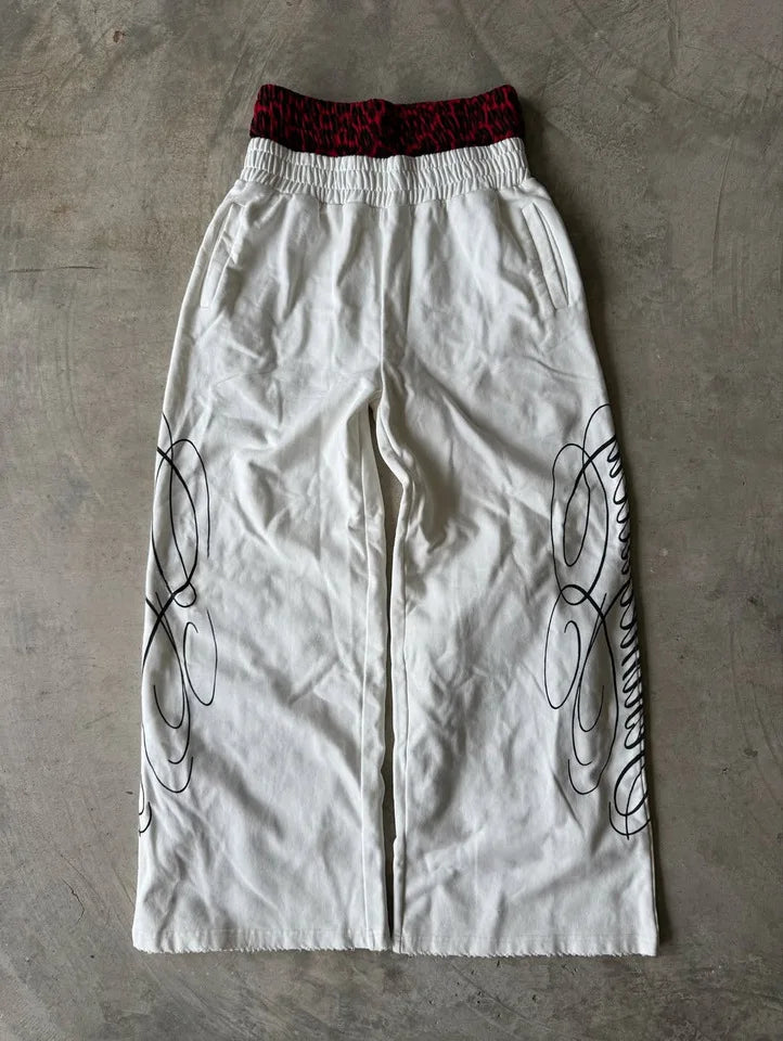 Men's White Wide Leg Casual Trousers Layered Waist Graphic Print Lounge Pants 2026