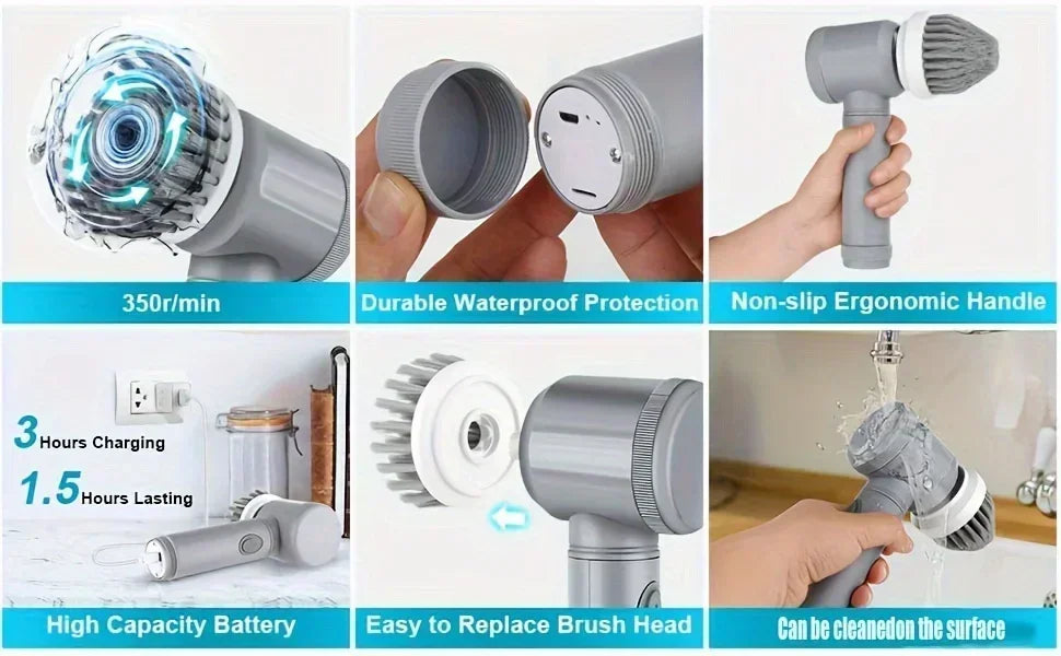Wireless Electric Spin Brush Cleaner 5-Pack Replaceable Heads Rotating Deep Cleaning Tool for Household Surfaces