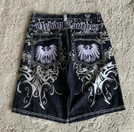 Denim Jort Front Graffiti Graphic Print Street Style Oversized Distressed Cotton Blend Vintage Unisex Shorts Summer Casual Fit