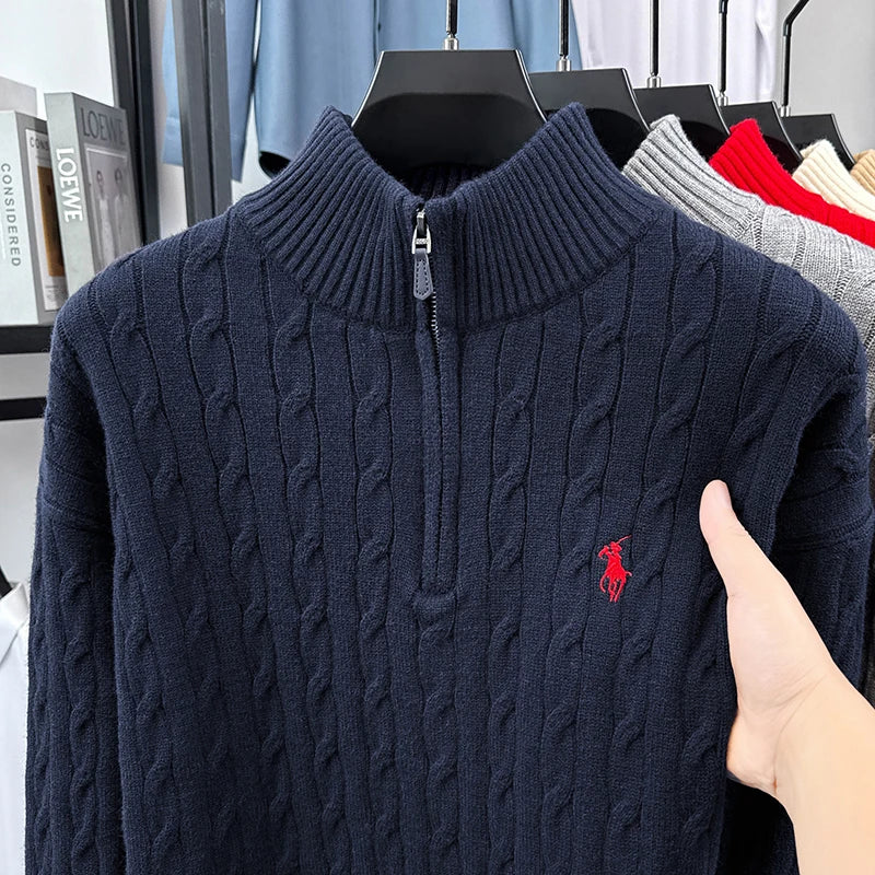 Heshi Brand Fashion American 2025 Vintage Stand Collar Zipper Embroidery Sweater Fried Dough Twists 3D Autumn Winter Knitwear