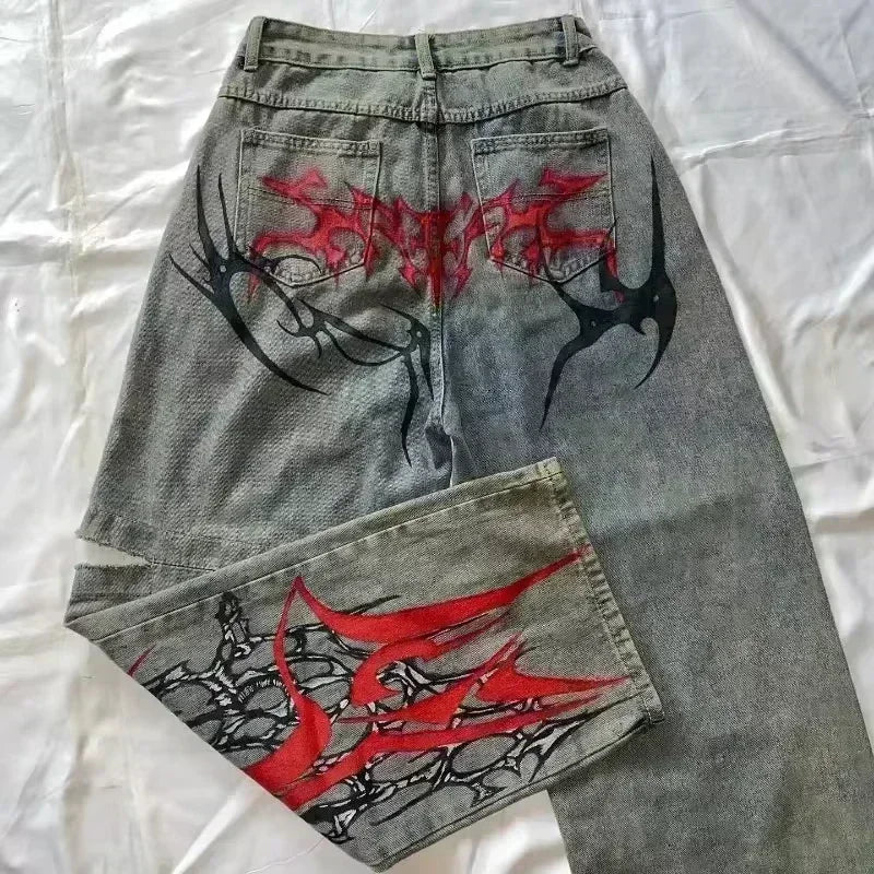 American Street Trend Letter Embroidered Loose Jeans Men Harajuku Y2K New Hip Hop Oversized Wide-leg Pants Unisex Mopping Jeans