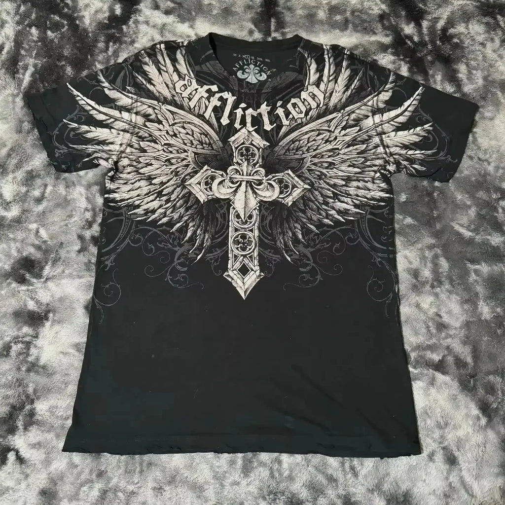 2000s Affliction Graphic T-Shirt Women's Large Grunge Wings New Fashion Style Couple Tops Pure Cotton Street Boxing Shirt