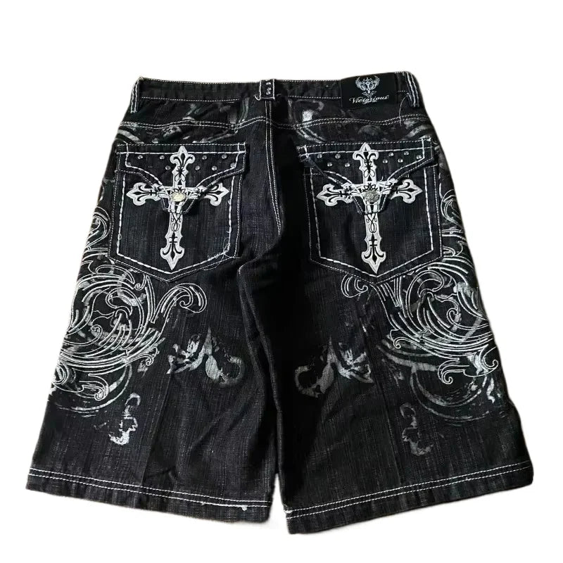American Vintage Popular New Pattern Embroidery Baggy Denim Shorts Men Street Fashion Gothic Casual Joker Shorts Women Clothing