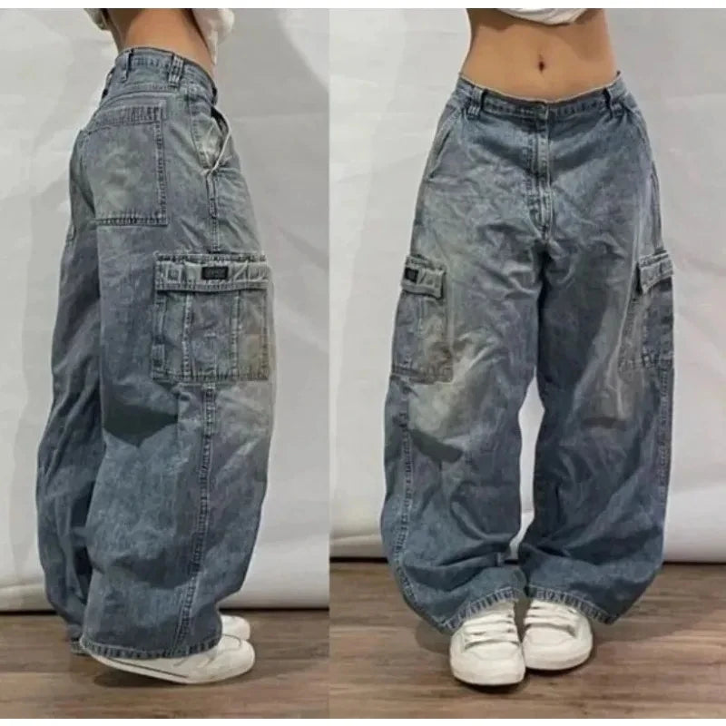 American New Skull Embroidery Casual Baggy Jeans Women Y2K Street Harajuku Vintage Gothic High Waist Joker Wide Leg Pant Trouser