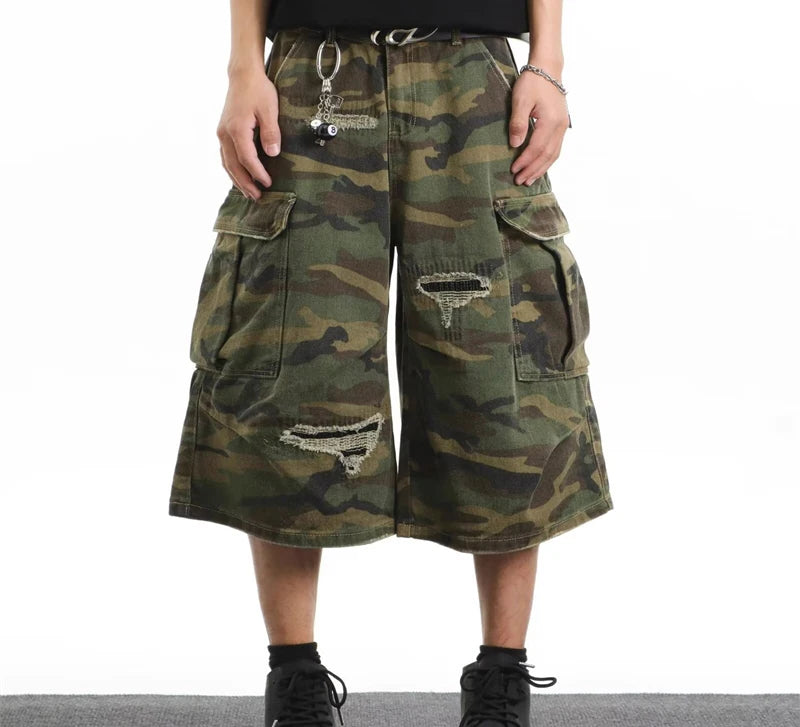 2025 Mens Camo Cargo Denim Shorts Distressed Straight Leg Casual Seven Inch Shorts Y2K Streetwear Vintage Loose Fit Summer Fashi