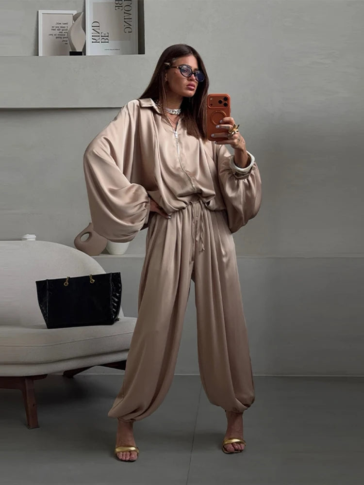 Casual Loose Pleated Shirt Pants Suit Women Solid Full Lantern Sleeve Zipper Shirts Wide Leg Trousers 2026 Fashion Street Set