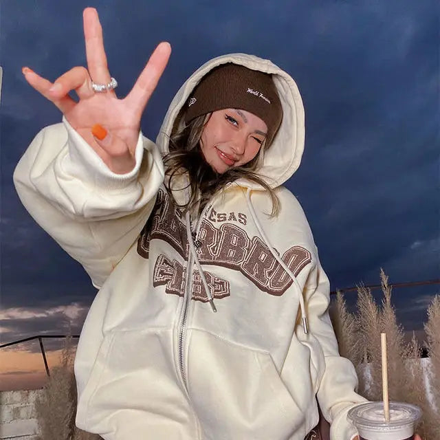 1Hoodies Women Retro Harajuku Hip Hop Jacket High Street Zip Up Hoodie Casual Loose Sweatshirt Clothes Y2K Tops oversized hoodie