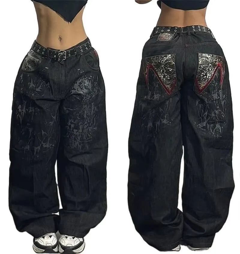 vintage 2000S American Hip-hop Punk Rock Fashion Versatile Jeans Men Harajuku Y2K Casual Gothic Straight Wide-leg Pants Women