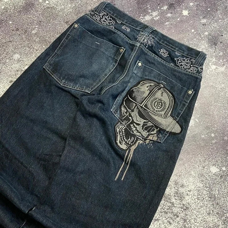 American New Skull Embroidery Casual Baggy Jeans Women Y2K Street Harajuku Vintage Gothic High Waist Joker Wide Leg Pant Trouser