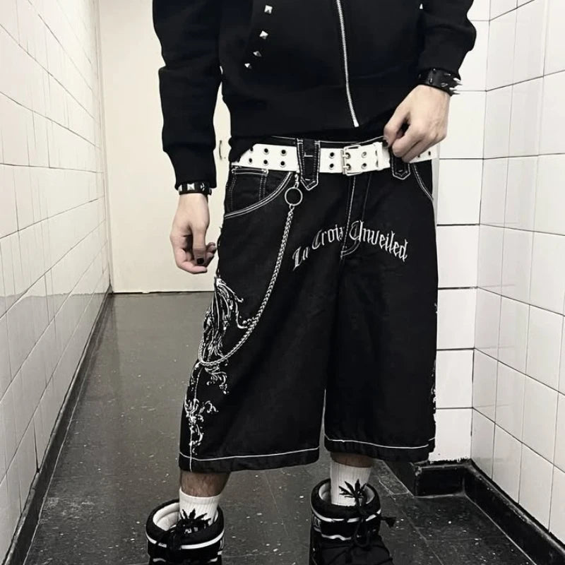Y2K Vintage Denim Shorts New Popular Pocket Embroidery Pattern Vulturi Jorts Harajuku Trendy Gothic Punk Men Women Baggy Pants