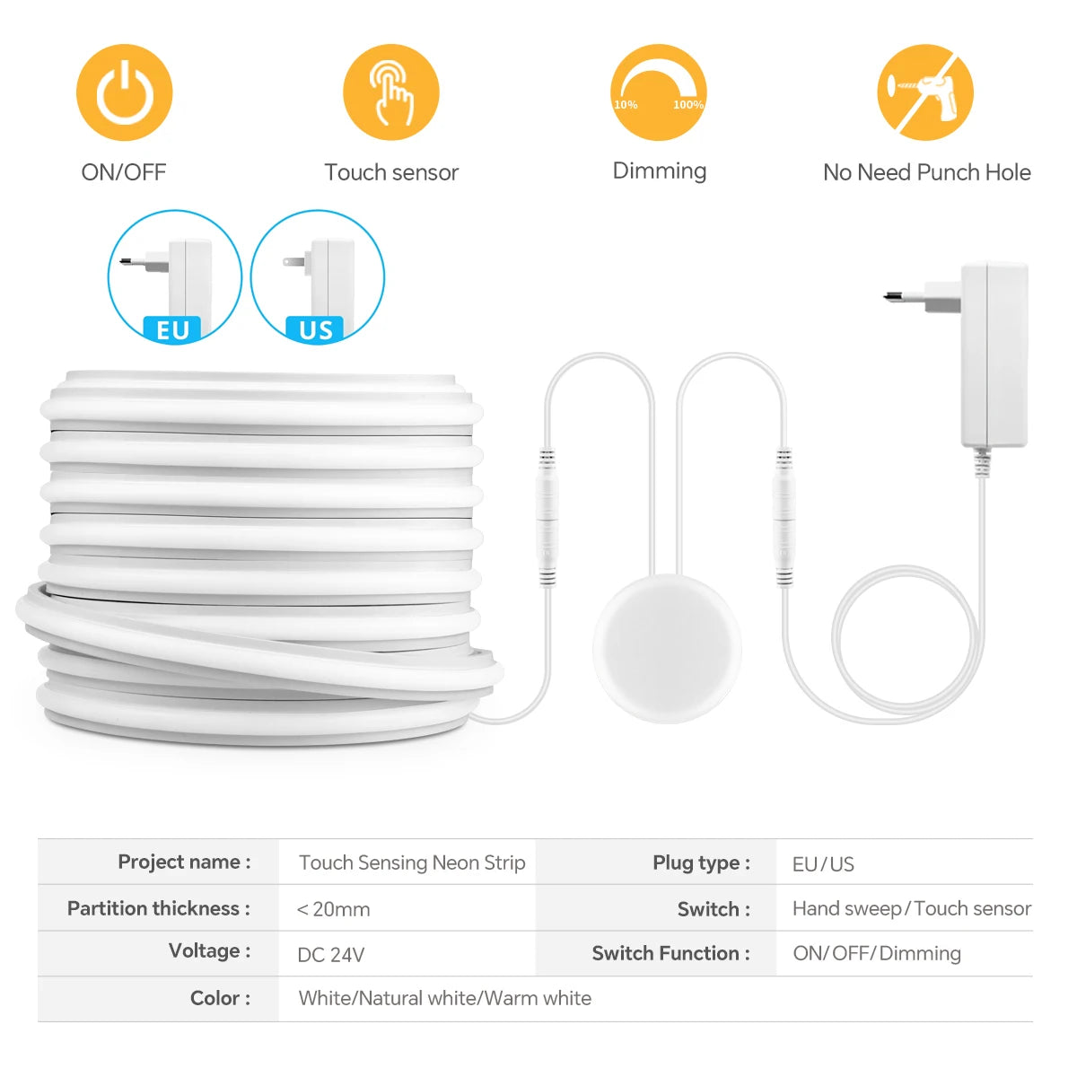 Novel Solid COB Neon Strip Light 2m-10m 24V Waterproof Pure Silicone Gel Tube Dimmable Touch Control Sensor Switch No Flicker