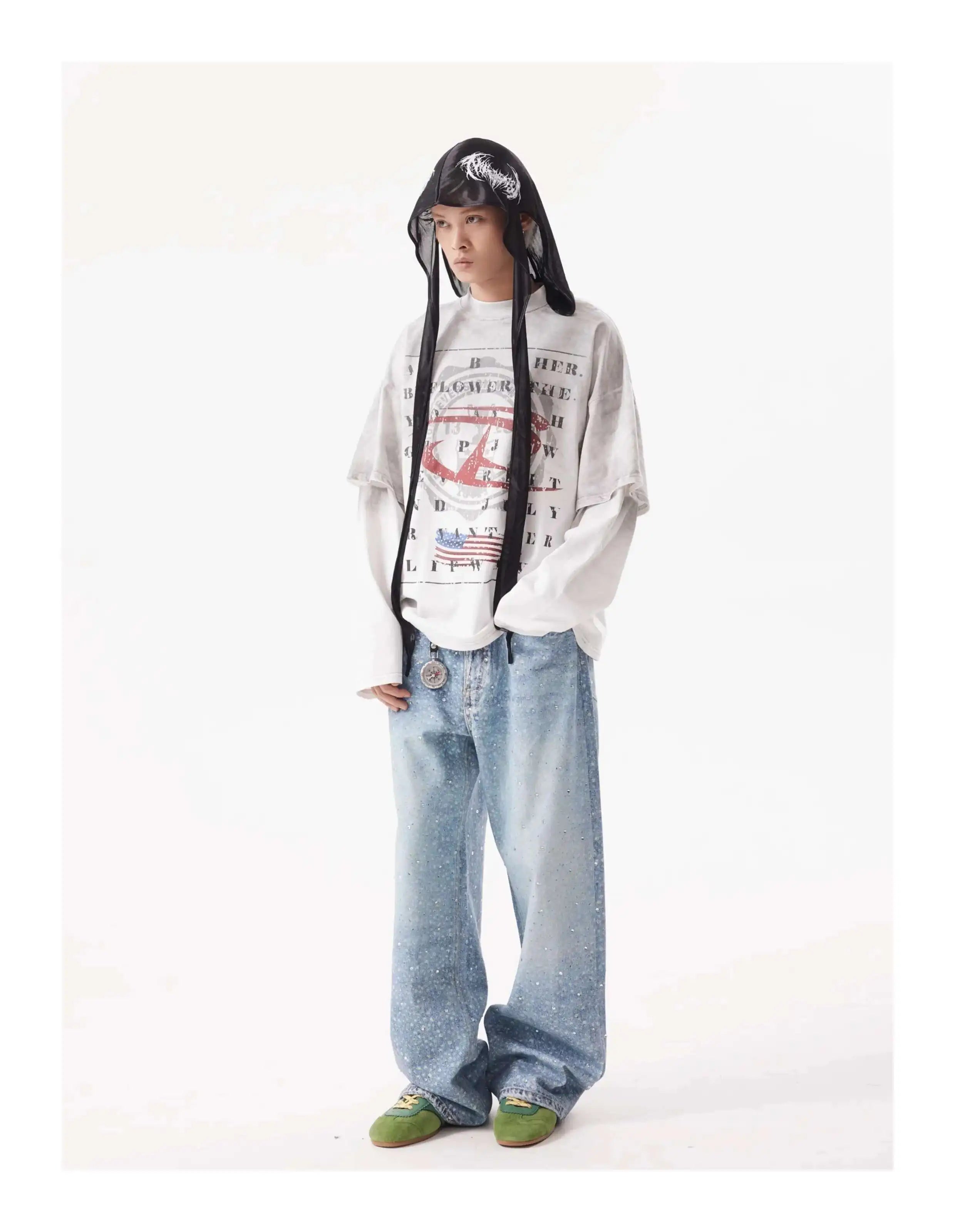 PFNW American Rhinestone Printed Design Vintage Jeans Men's Streetwear Hip Hop Mens Clothing Loose Wide Leg Pants Trendy 28W4644