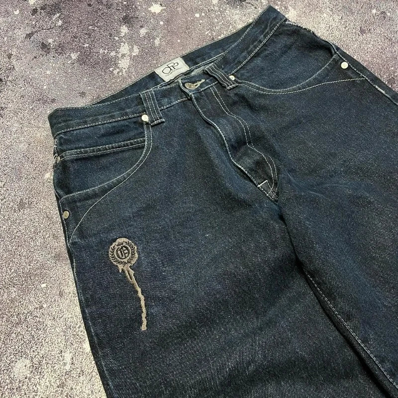 American New Skull Embroidery Casual Baggy Jeans Women Y2K Street Harajuku Vintage Gothic High Waist Joker Wide Leg Pant Trouser