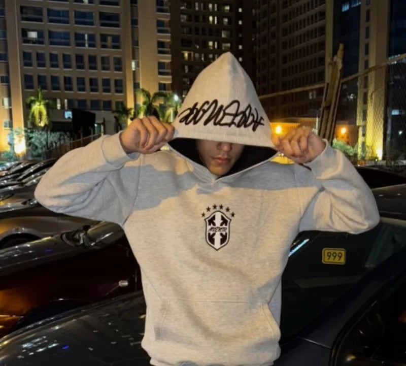 American Hip-hop Street Loose Sports Suit Retro Gray Letter Pullover Hoodie Women Casual Oversized Straight Wide-leg Pants Men