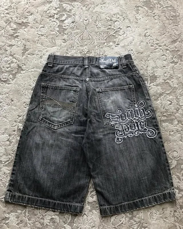 Denim Jort Front Graffiti Graphic Print Street Style Oversized Distressed Cotton Blend Vintage Unisex Shorts Summer Casual Fit