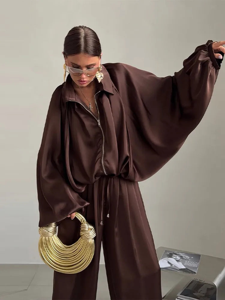 Casual Loose Pleated Shirt Pants Suit Women Solid Full Lantern Sleeve Zipper Shirts Wide Leg Trousers 2026 Fashion Street Set