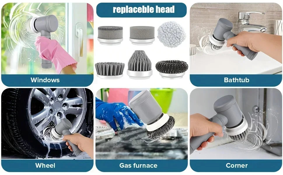 Wireless Electric Spin Brush Cleaner 5-Pack Replaceable Heads Rotating Deep Cleaning Tool for Household Surfaces