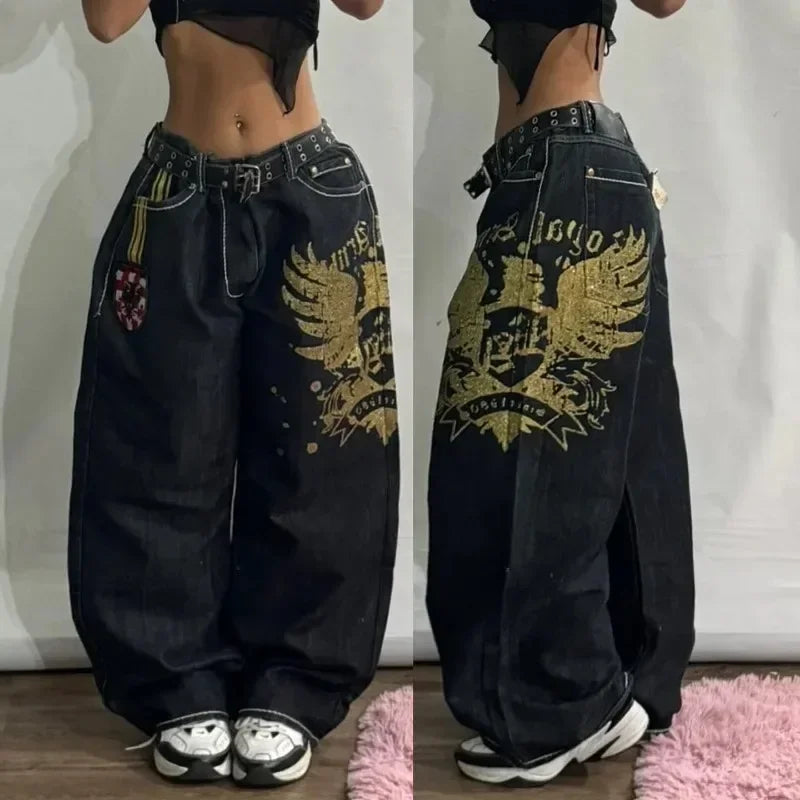 vintage 2000S American Hip-hop Punk Rock Fashion Versatile Jeans Men Harajuku Y2K Casual Gothic Straight Wide-leg Pants Women